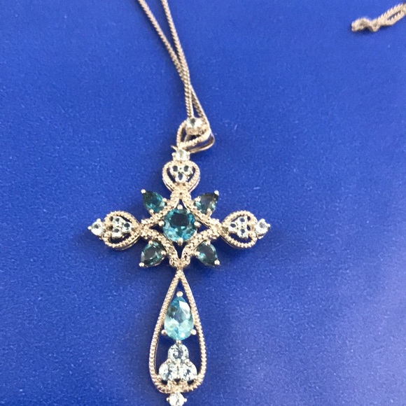 BLUE AND SILVER CHRISTIAN CROSS WITH SILVER CHAIN - Picture 2 of 4
